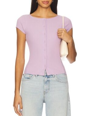FREE PEOPLE Most Wanted CardI Lavender Lilac Ribbed Button-Front Cap Sleeve Top